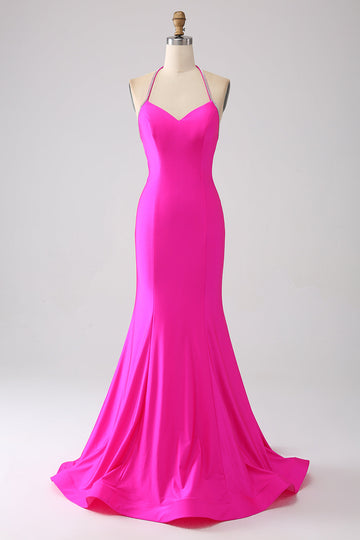 Fucsia Mermaid Halter Neck Backless Abito Lungo Prom